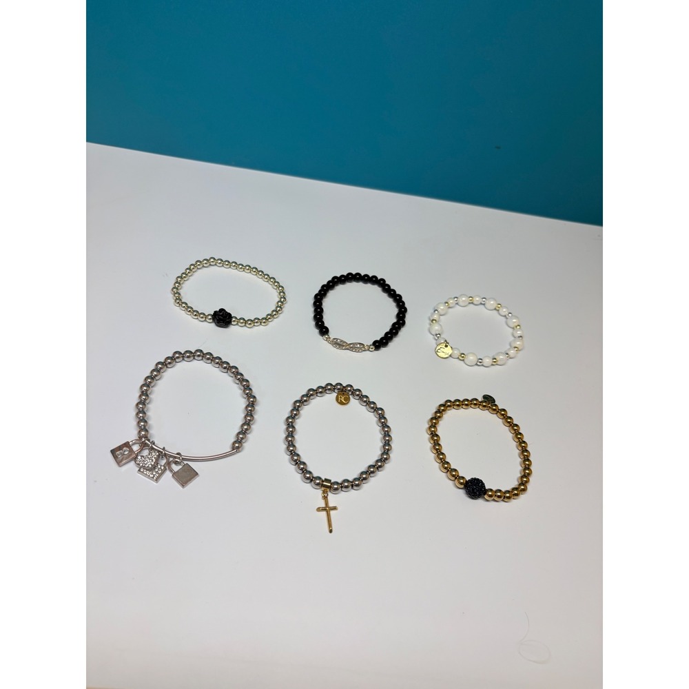6pc Beaded Stretch Bracelet Set Gold Silver Tone Cross Heart Lock Rose Charms